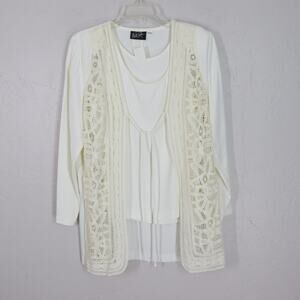 Vtg Wild Rose 3 pc Pant Suit 6 Ivory Jacket Tank Pangs Lace Tie Front Stretch